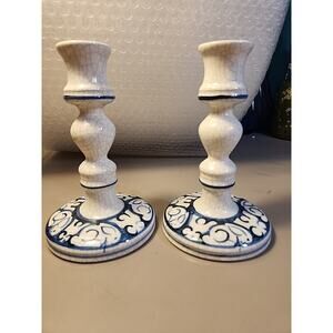 VTG Pair Dedham Pottery 6" Candle Stick holders Blue And White